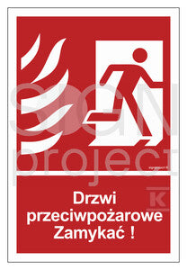Drzwi przeciwpożarowe Zamykać! Kierunek drogi ewakuacyjnej w prawo, 50 x 74 cm, PS - płyta sztywna 1mm fotoluminescencyjna