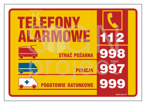Tabliczka telefonów alarmowych, 14,8 x 10,5 cm, FN - folia samoprzylepna