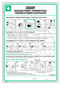 Zasady udzielania pomocy przedmedycznej porażonym prądem elektryczny, 24,5 x 35 cm, FN - folia samoprzylepna