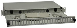 Przełącznica wysuwana 19" 1U 24xSC duplex (SC Duplex / LC Quad), szara, w komplecie kasety światłowodowe na 48 wł. i dławiki