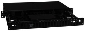 Przełącznica wysuwana 19" 1U 24xSC duplex teleskopowa (SC Duplex / LC Quad), czarna, w komplecie kasety światłowodowe na 48 wł. i dławiki