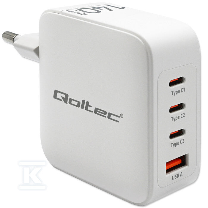 Ładowarka sieciowa 140W GaN/5-20V/2.5-5A/3 x USB-C PD/1 x USB QC 3.0/Biała QOLTEC