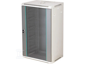 Szafka rack wisząca 19" 18U 600x450, niedzielona, drzwi szklane jednoskrzydłowe, tył osłona pełna, osłony boczne zamykane na klucz, kolor szary