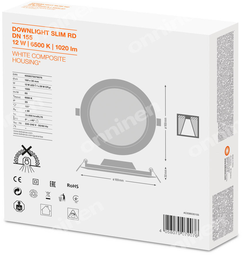 Oprawa LED Downlight Slim Dn155 12W/6500K Wt Ip20 Ledv