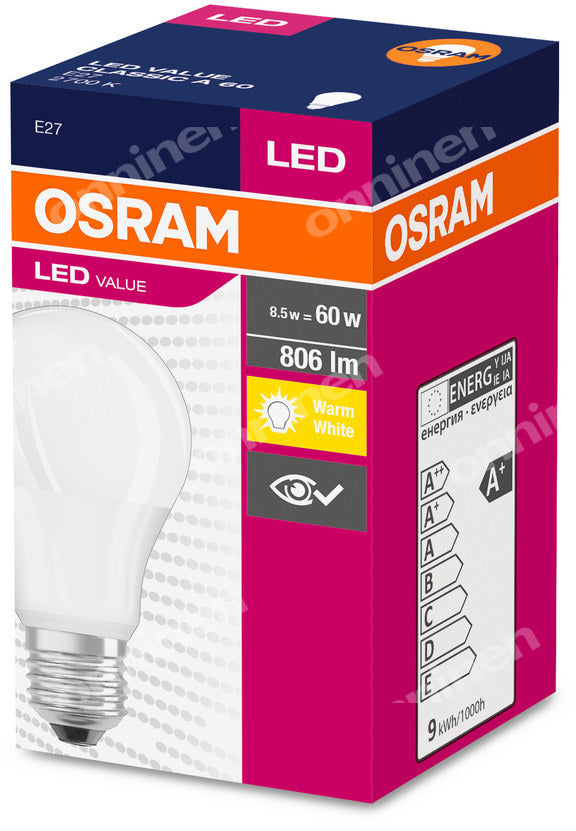 Żarówka LED VALUE E27 8,5W=60W 2700K 806lm 827 A60 230V matowa