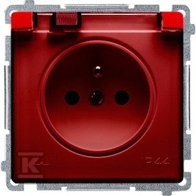 Gniazdo wtyczkowe z uziemieniem, z przesł. torów prądowych, bryzgoszczelne IP44 (moduł) 16A, 250V~, zaciski śrubowe, klapka transp., czerwone, BASIC MODUŁ