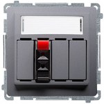 Gniazdo głośnikowe 1-krotne z polem opisowym (moduł). Przekrój przew. dla wejścia i wyjścia 2,5 mm2. Mocowanie na łapki i wkręty, srebrny mat, BASIC MODUŁ