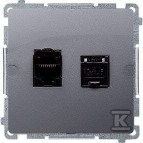 Gniazdo komputerowe RJ45, kategoria 6, podwójne ekranowane z przesłoną przeciwkurzową (moduł). Montaż na łapki lub wkręty, srebrny mat, BASIC MODUŁ