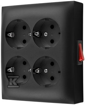 Gniazdo wtyczkowe natynkowe, Schuko, 4-krotne, z wbudowanym wyłącznikiem, IP20, 16 A, 250 V~, zaciski śrubowe, czarny, AQUACLICK